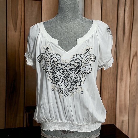 One World Live & Let Live Short Sleeve White Embroidered Blouse, Large - Picture 1 of 11